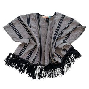 Vintage Havana Womens L Black Cream Dot Fringe Short Sleeve Open Kimono Cardigan